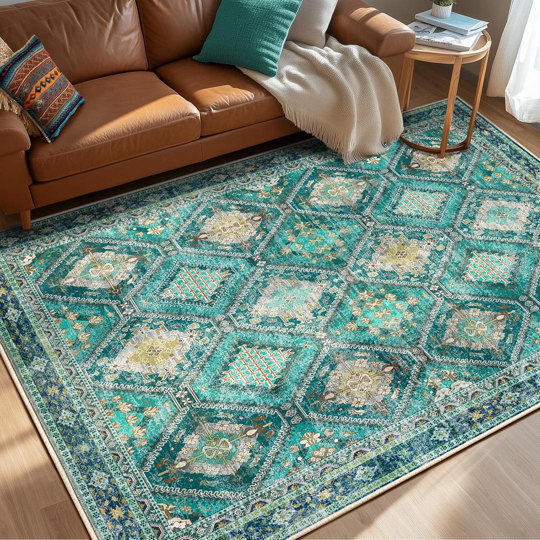 5x7 Rugs Moroccan Trellis Area Rugs Thickened Machine Washable Carpet with Non-Slip Backing for Living Room Bedroom and Home Office Teal/Yellow/Gray (5' x 7' (Rectangular))