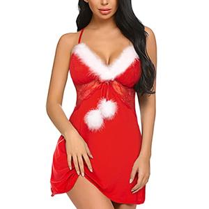 Avidlove Women Lace Modal Christmas Day Sleepwear Chemises V-Neck Full Slip Babydoll Nightgown Red M
