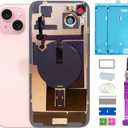 15 Plus Back Glass Replacement with Plate & Flex Cable and All Parts for iPhone 15plus Back Cover Glass (Pink, 6.7 Inch) + Waterproof Tape + Repair Tools (Pink)