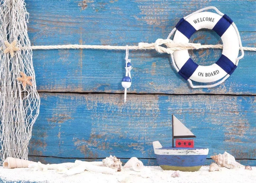 BELECO 7x5ft Fabric Nautical Backdrop Life Buoy Boat Shells Blue Wooden Background Sailor Photography Backdrop for Party Decoration Birthday Boy Girl Baby Shower Photoshoot Photo Background Props