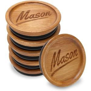 6 Pcs Acacia Wood Mason Jar Lids Regular Mouth Canning Jars Supplies Decorative Small Mouth Mason Jar with Wooden Lid Silicone Reusable Can Lids for Jars Tops Glass Cover Canning Accessories