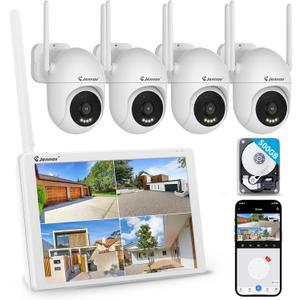 Jennov 5MP Wireless Security Camera System with Monitor, 4 Outlet-Powered Cameras, 10CH NVR Kit with 500GB HDD, Night Vision, Motion Detection, IP66, No Subscription, Home Surveillance Indoor Outdoor