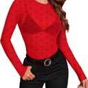 OFEEFAN Womens Mesh Tops Lace Long Sleeve Shirts Crewneck Slim Fitted Outfits See Through Blouses (X-Large, Red Heart)