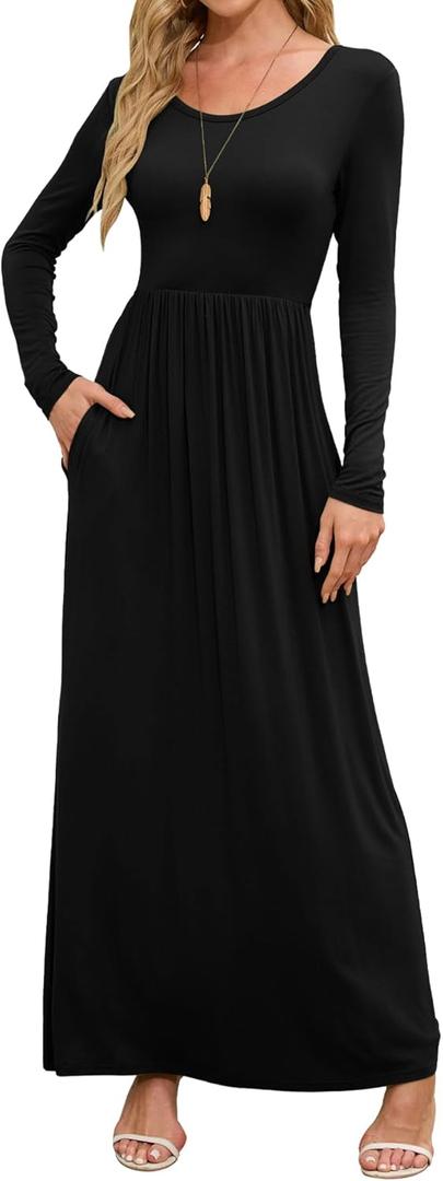 DEARCASE Women's Maxi Dress Long Sleeve Crewneck Loose Plain Casual Empire Waist Fall Party Long Dresses with Pockets