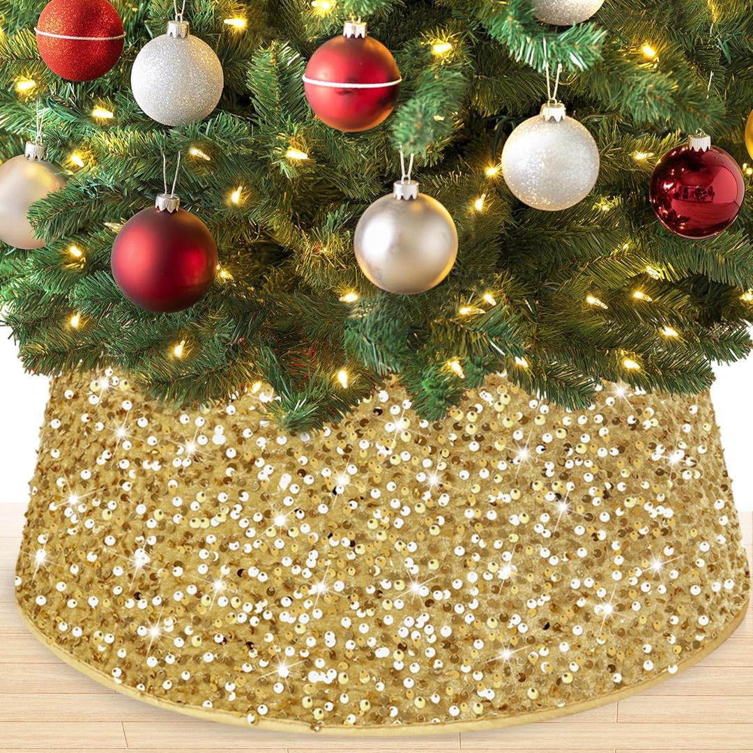 Gold Tree Collar Mermaid Sequin Tree Collars 23.6 Inch Round Sparkle Tree Ring Christmas Tree Base Cover Bling Christmas Tree Collar Velour Xmas Tree Stand Collar for Holiday Display Decor
