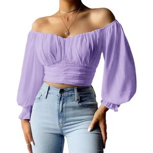 MIRACMODA Woman Off Shoulder Ruched Tie Back Lantern Sleeve Crop Tube Top Chiffon Blouse (X-Large)