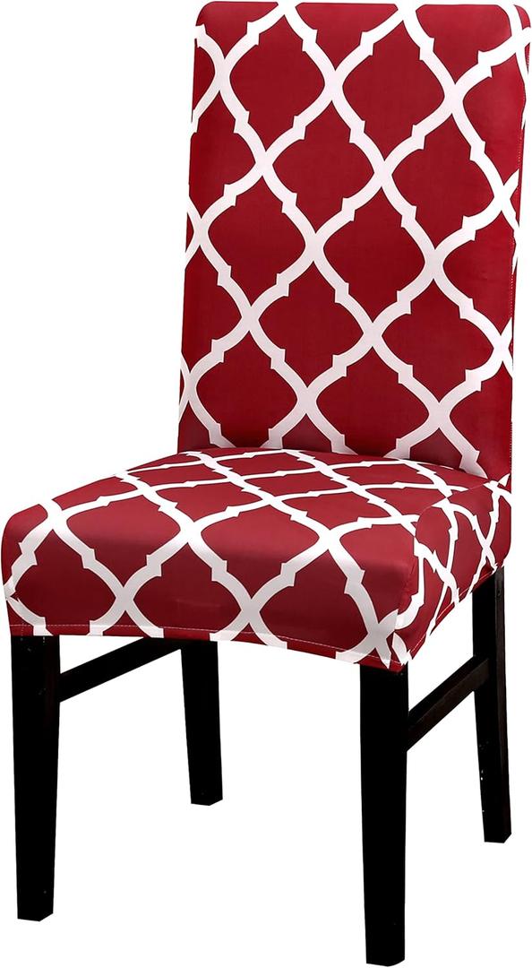 Chair Covers for Dining Chairs Set of 4, Stretchy Soft Parson Chair Covers Removable Washable Kitchen Dining Room Chair Slipcovers with Elastic for Universal Fit (Quatrefoil Red)