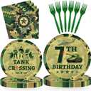96Pcs Camo 7th Birthday Party Supplies Army Military Themed Plates and Napkins Green Camouflage Military Disposable Tableware Set for 7 Year Old Boys Birthday Party Decorations Serves 24