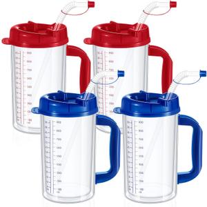 32 oz Hospital Water Cup with Straw and Lid Insulated Double Walled Water Cup with Handle and Straw Elderly Bottle Plastic Drinking Hospital Carafe Insulated Mug(Red and Blue, 4)