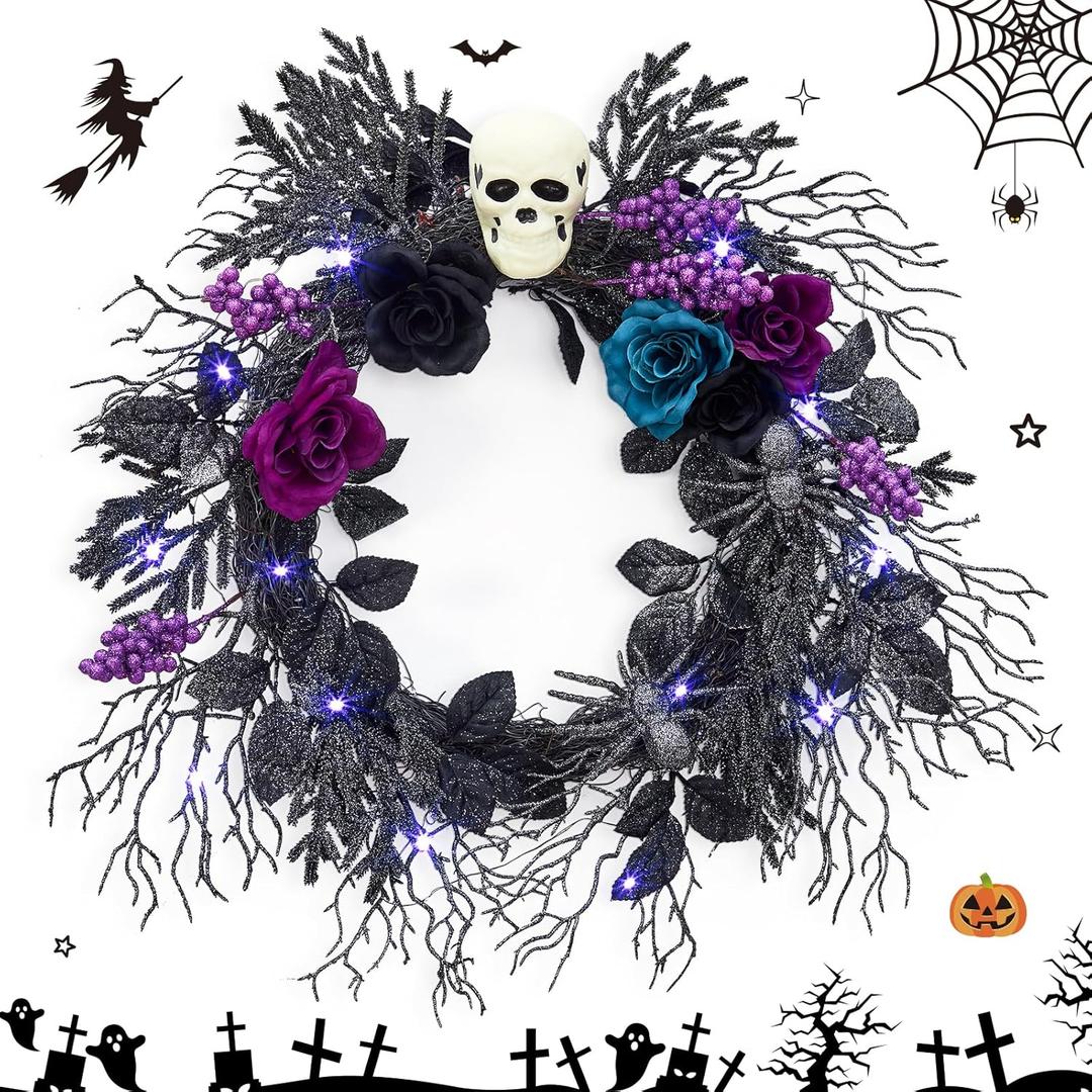 GarveeHome Halloween Wreath with Lights, 20 Inch Gothic Skull Wreath for Front Door Decor with 3 Color Roses, Spiders and Purple Berries for Indoor Outdoor Wall, Window, Porch