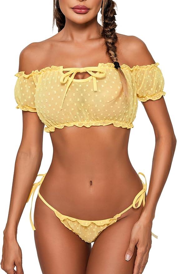 Avidlove Bra and Panty Set Ruffle Lingerie Set Mesh Babydoll Chemise (X-Small, Yellow)
