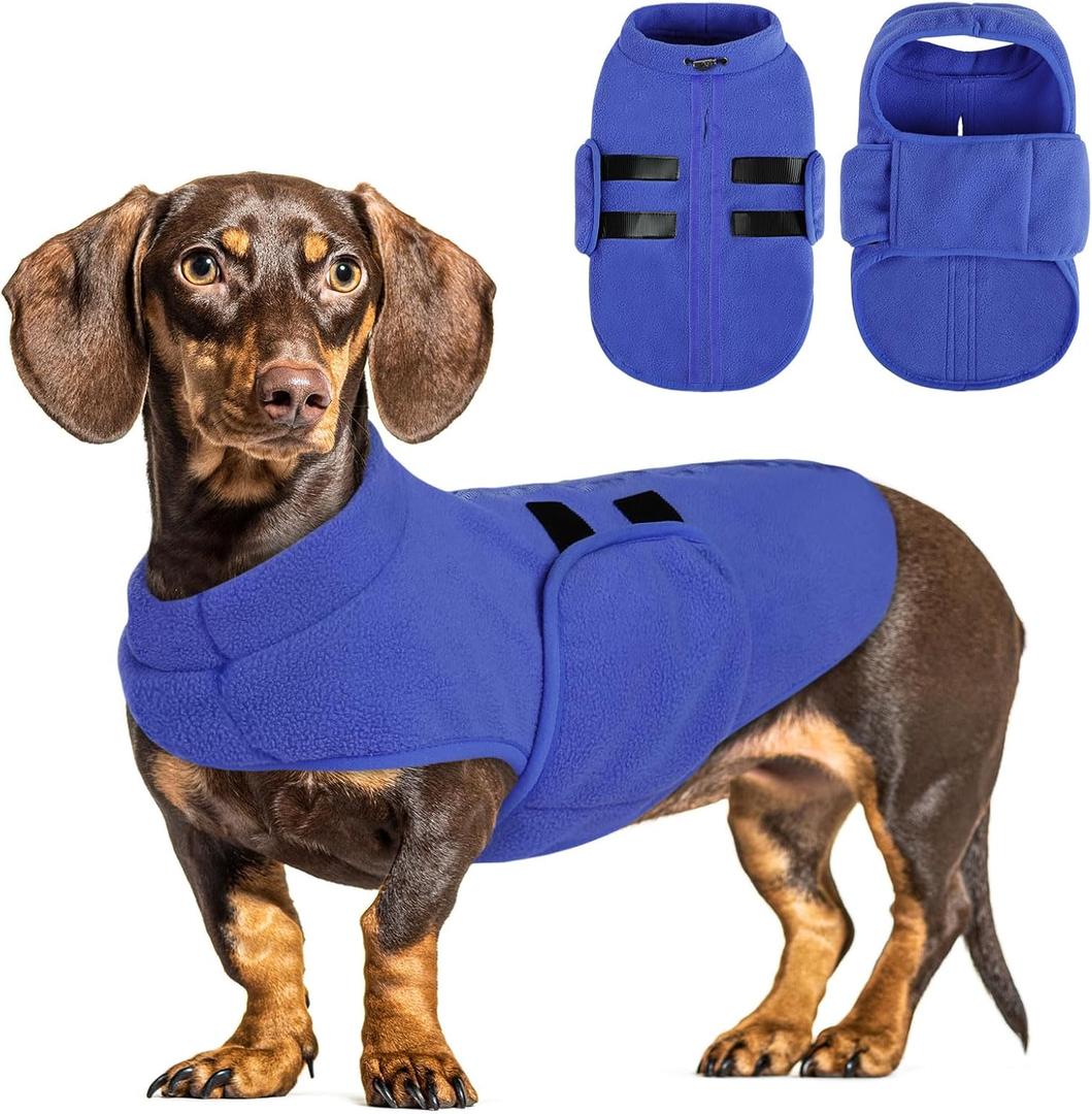 Queenmore Soft Fleece Dog Jacket, Warm Winter Coats with Leash Hole, Dachshund Sweaters for Dogs Cats Boy or Girl (Blue, L)