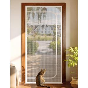 Cat Screen Door, Extra Tall Cat-Proof Mesh Gate, Fit Door Size 30'' x 80'', Anti Scratch Mesh with Zipper Closure, for Living Room, Kitchen, Bedroom (White)