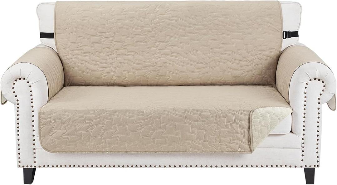 CUCRAF Non Slip Quilted Sofa Cover, Water Resistant Slipcover Furniture Protector for 2 Cushion Sofa Pet Friendly, Washable Couch Cover with Adjustable Elastic Straps (Medium Loveseat, Beige)