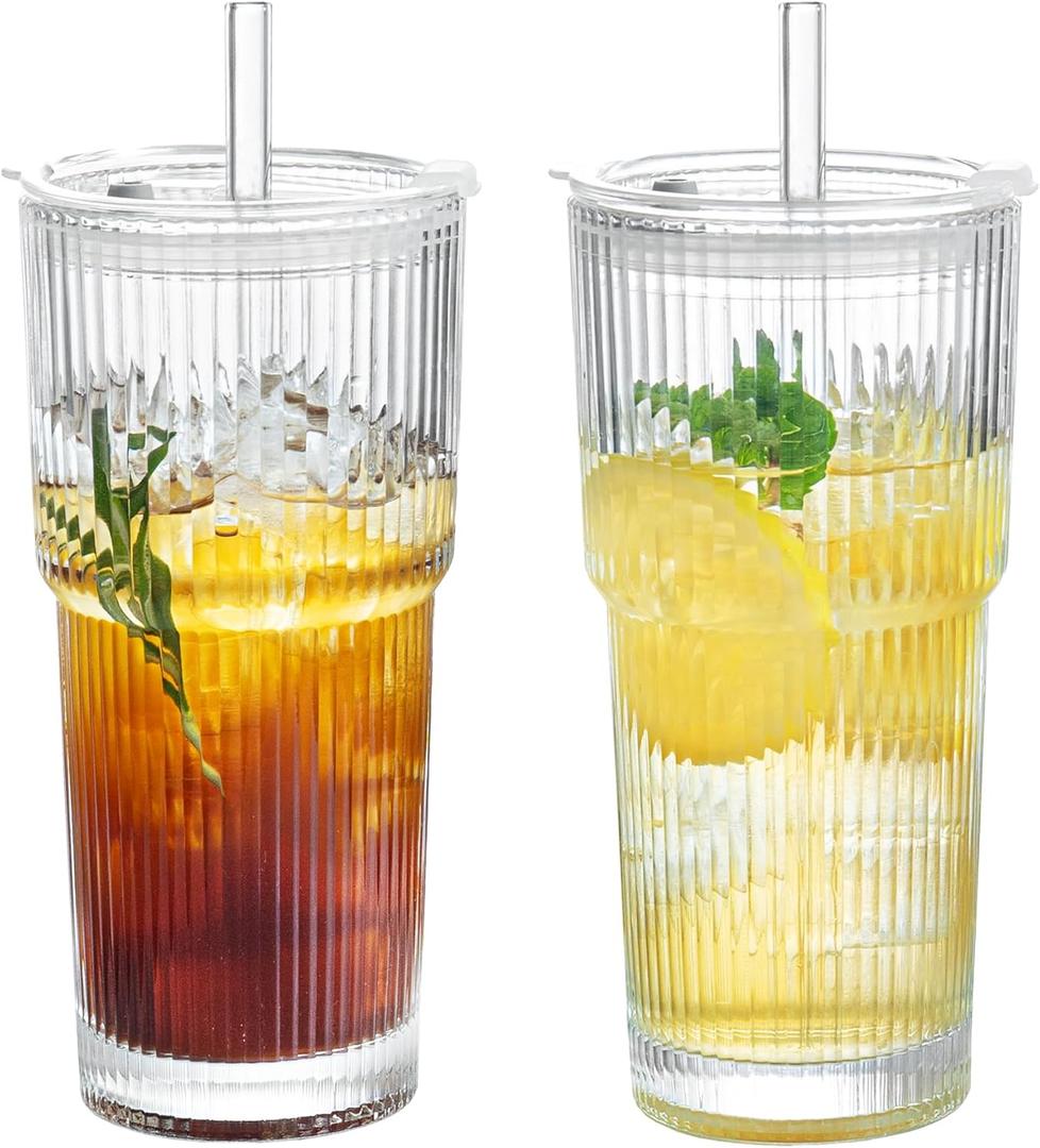 Puraville 2 Pack 20oz Glass Cups with Lids and Straws, Vintage Ribbed Glassware for Whiskey Cocktail Beer, Mason Jar Drinking Glasses Tumbler Iced Coffee Cup