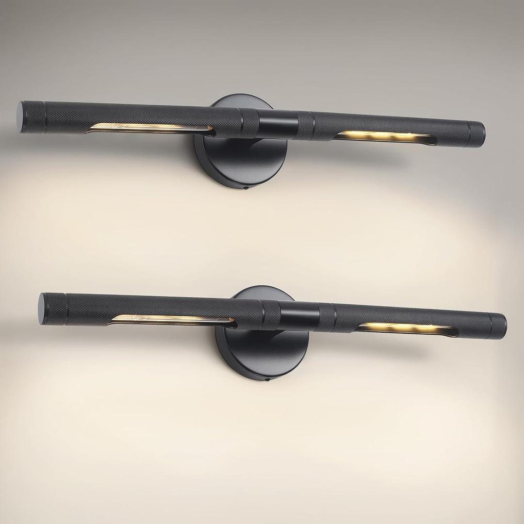 Hardwired Black Picture Light for Wall,23.6 Inch Knurled Wall Lights for Pictures Set of 2,Rotatable 360 Modern Gallery Light for Living Room Bathroom Study Room, E12 Bulbs Included