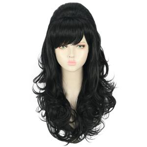 yuehong Long Black Wavy Women Wig Big Bouffant Beehive 60s 70s Cosplay Costume Wig Resistant Synthetic Fibers Fluffy Durable Soft Hair