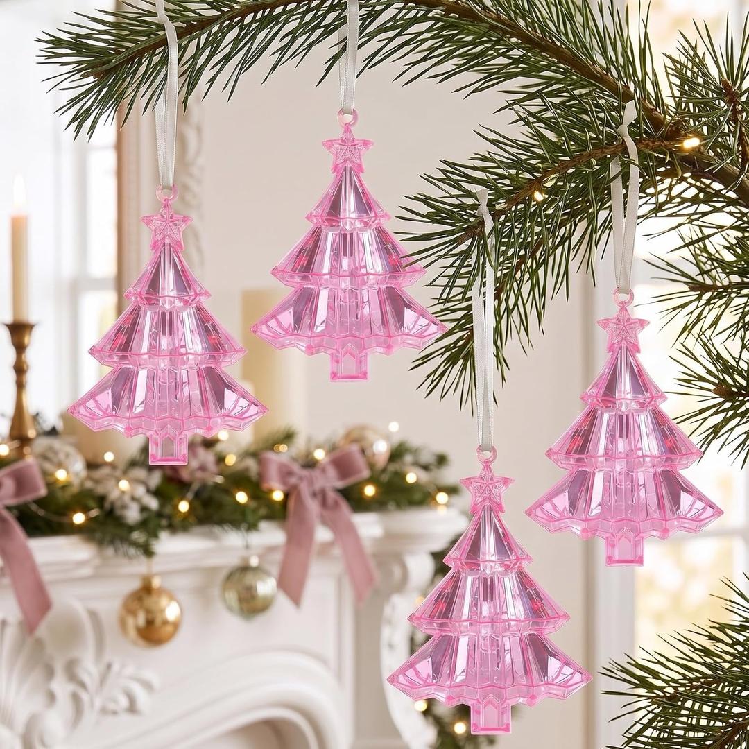Large 6.7" Christmas Tree Ornaments Set of 4, Faceted Acrylic Pink