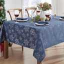 Newbridge Fancy Metallic Snowflake Christmas Fabric Tablecloth, 60 x 144 Inch Rectangle, Navy Silver, No-Iron Soil Resistant Sparkling Snowflakes Woven Holiday Table Cover