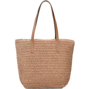 Large Straw Beach Bag for Womens, Straw Handbag Woven Tote Bag With Zipper Summer Shoulder Bag (A Style-brown)
