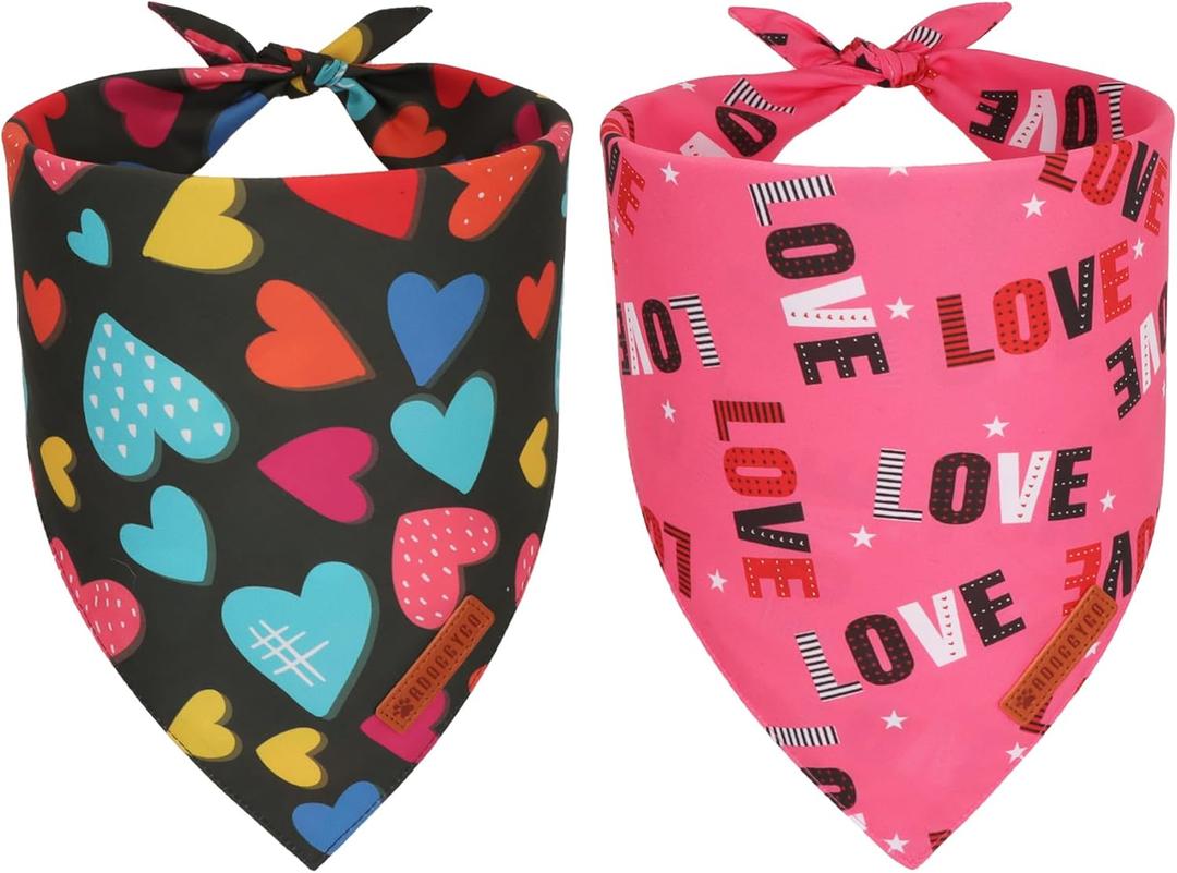ADOGGYGO Valentine Dog Bandanas 2 Pack, Triangle Reversible Love Heart Scarf, Premium Durable Fabric, Pet Valentine Bandana for Extra Large Dogs (X-Large)