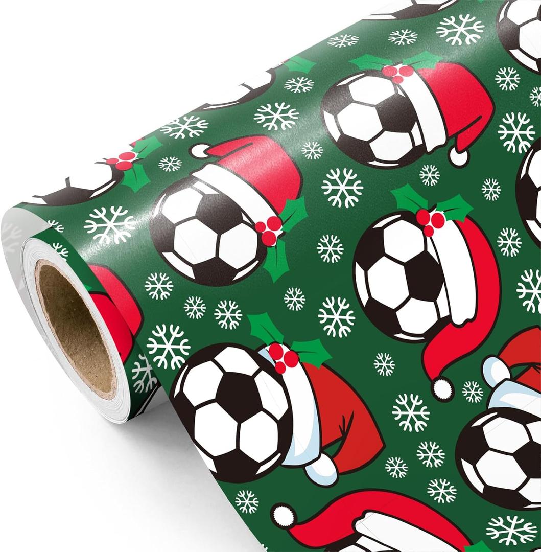 WRAPAHOLIC Soccer Christmas Wrapping Paper - Mini Roll - 17 Inch x 16.5 Feet - Snowflakes and Santa Hat Soccer Wrapping Paper for Christmas, Sport Party, Holiday, Party Celebration