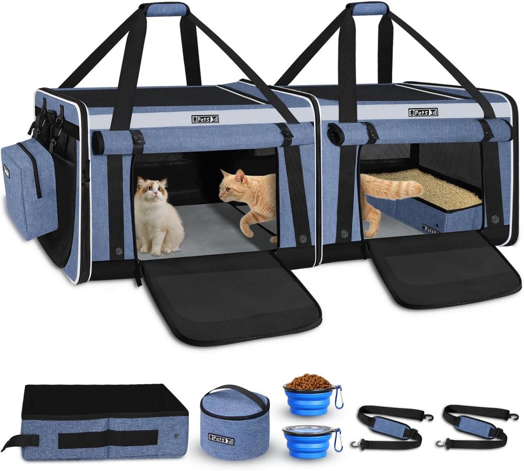 Double Large Cat Carrier with Litter Box and Privacy Curtain(Blue)
48"Lx17"Wx17"H, Lockable Zippers and Seat Belt Buckles, Soft Cat Car Travel Carrier, for Multiple Cats Long Distance Trip