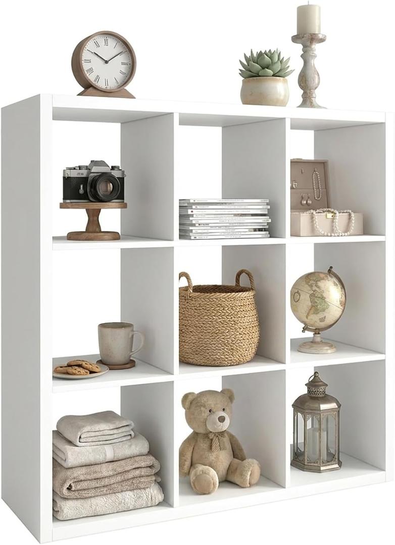 WannabeMyself【2026 Wooden Thick Frame】 9 Cube Storage Organizer with Anti-Tipping Kits, Reversible Open Back Book Shelf,Bookcase for Living Room,Bedroom,Entrance Hall,Office,11.6×36.3×36.3,White
