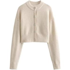 FindThy Women’s Cropped Cardigan Sweater Crewneck Solid Color Long Sleeve Button Down Knitted Outerwear Top Small
