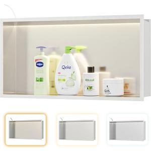 Stainless Steel Shower Niche 24" X 12", No Tile Needed Wall Niche with 3 Selectable Color Temperatures Led Light, Recessed Shower Shelf for Bathroom Storage Over Mount Installation, Brushed Nickel