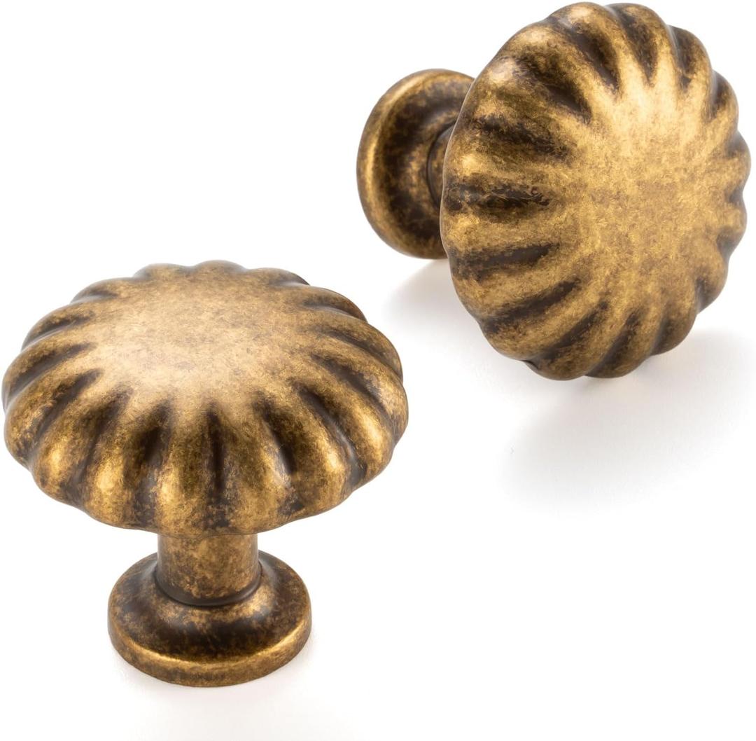 10 Pack 1-1/4 Inch, Round Antique Brass Cabinet Knobs Vintage Brass Drawer Knobs Brass Cabinet Pulls, ZK2408 Solid Kitchen Hardware for Cabinets Drawers Bedroom Dresser Bathroom Vanity Cupboard