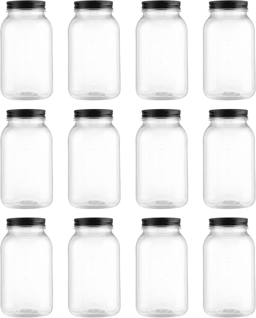novelinks 32 OZ Clear Plastic Mason Jars with Lids - Dishwasher Safe Plastic Mason Jars 32 OZ Plastic Jars with Lids for Kitchen & Household Storage (12 Pack) (Black)