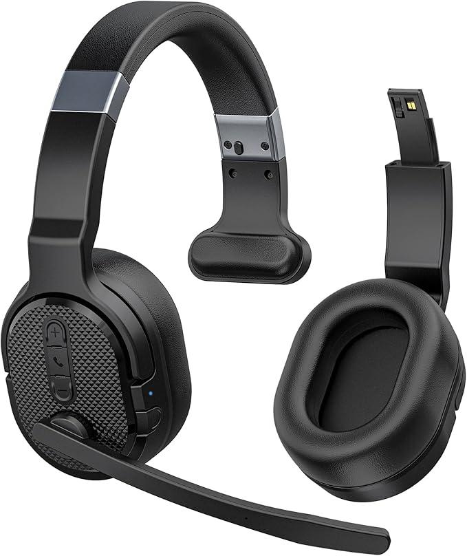 COSMUSIS Trucker Bluetooth Headset with Dongle, Wireless Headsets with Noise Cancelling Microphone, 50+Hrs HD Talktime Bluetooth Headphones with Detachable Earpad/Single+Dual Mode for Office/Driving, Black