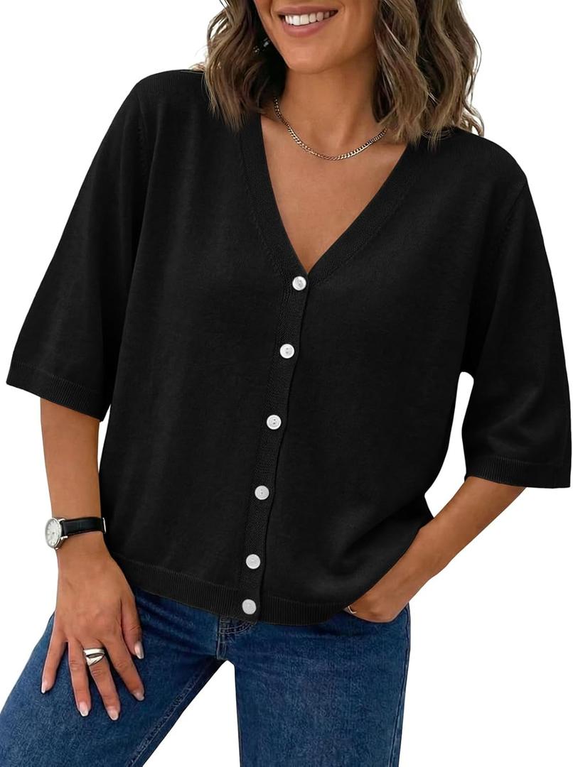 Saodimallsu Womens Half Short Sleeve Cardigans Summer Lightweight Knit V Neck Button Down Casual Sweater Tops (Large, Black)