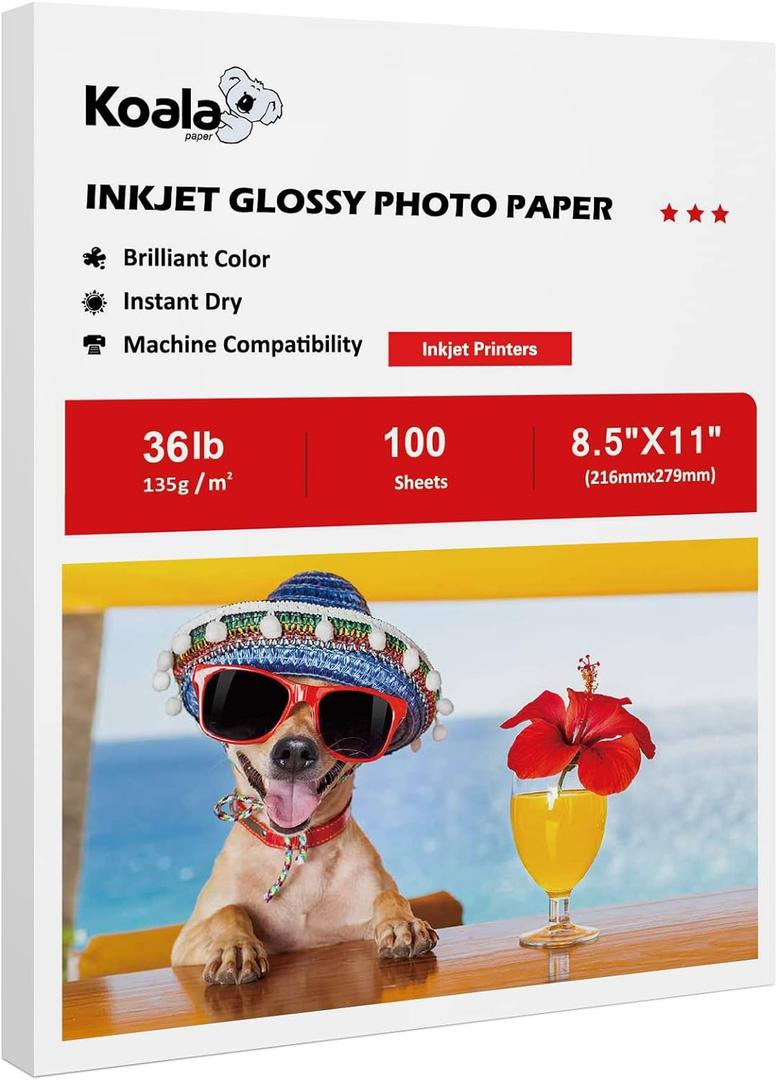 Koala Glossy Thin Inkjet Printer Paper for DIY Chip Bag and Print Brochure Flyer 8.5x11 Inches Glossy 100 Sheets 36LB