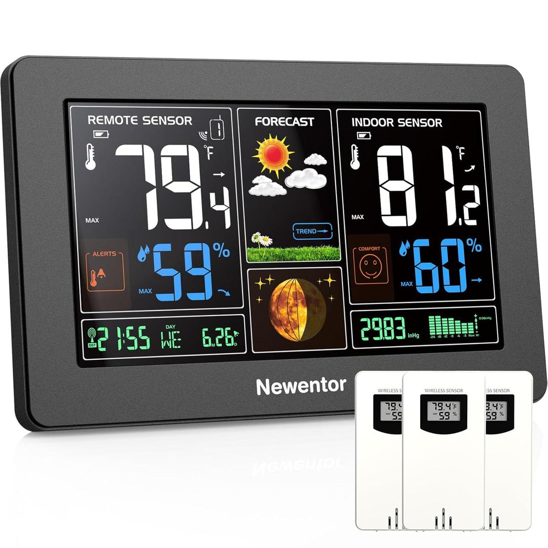 Newentor Weather Station Wireless Indoor Outdoor Thermometer, Color Display Digital Weather Thermometer with Atomic Clock, Barometric Pressure, Forecast Station with Adjustable Backlight,Black,3Sensor
