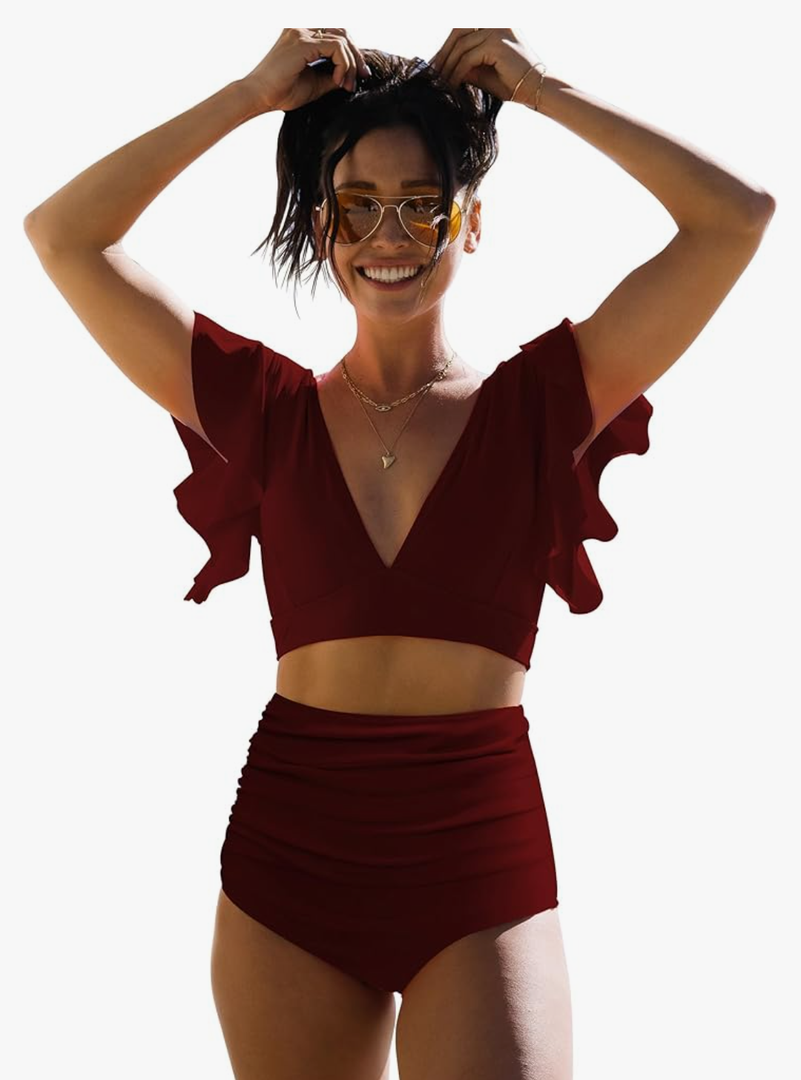 SPORLIKE Women Ruffle High Waist Swimsuit Two Pieces Push Up Tropical Print Bikini XL