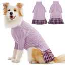 IECOii XL Dog Sweater Dress for Large Dogs Girl, Cable Knit Winter Dress for Female Dogs, Purple,XLarge, Soft Girl Dog Sweater with Tartan Plaid Skirt Cute Turtleneck Knitwear for Cold Weather XL