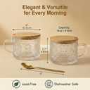 JBHO Vintage Glass 14OZ Coffee Mugs 4pcs Clear Embossed Glass Cups with Bamboo Lids and Spoons Gifts for Women Overnight Containers for Tea,Cereal,Cappuccino, Latte