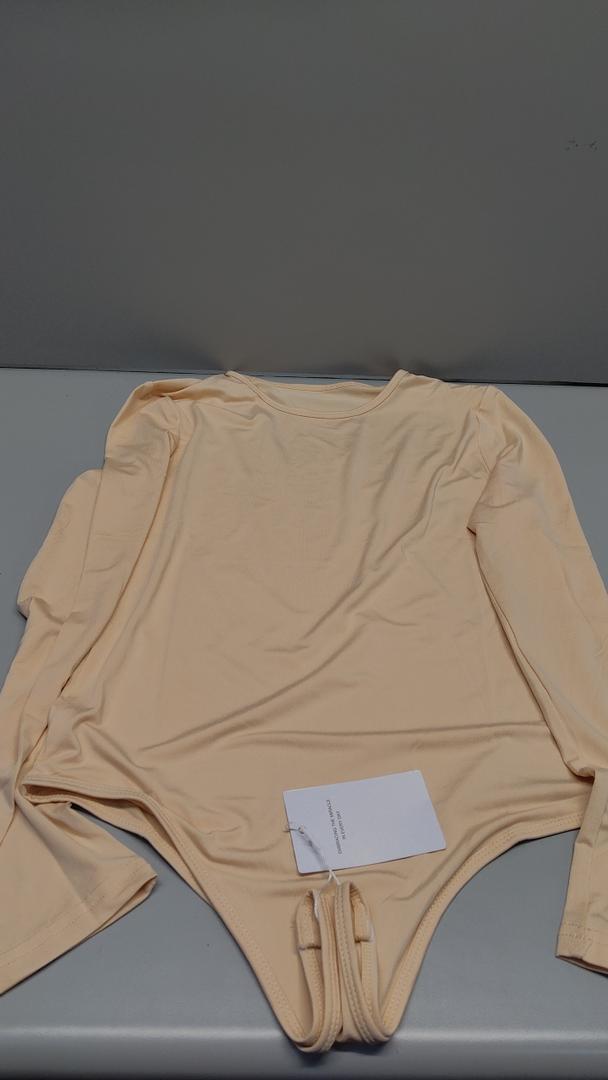 SHEIUGU Women’s Sleeveless Long Sleeve Crew Neck Ribbed Stretchy Slim Fit Tops Bodysuit Basic Jumpsuit, Large, Nude 