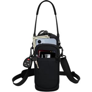 Water Bottle Holder with Strap, Water Bottle Carrier Bag with Phone Pocket, Shoulder Hand Strap Insulated Neoprene 32 oz Water Bottle Sleeve for Walking Hiking Camping Gym (1 BLACK)