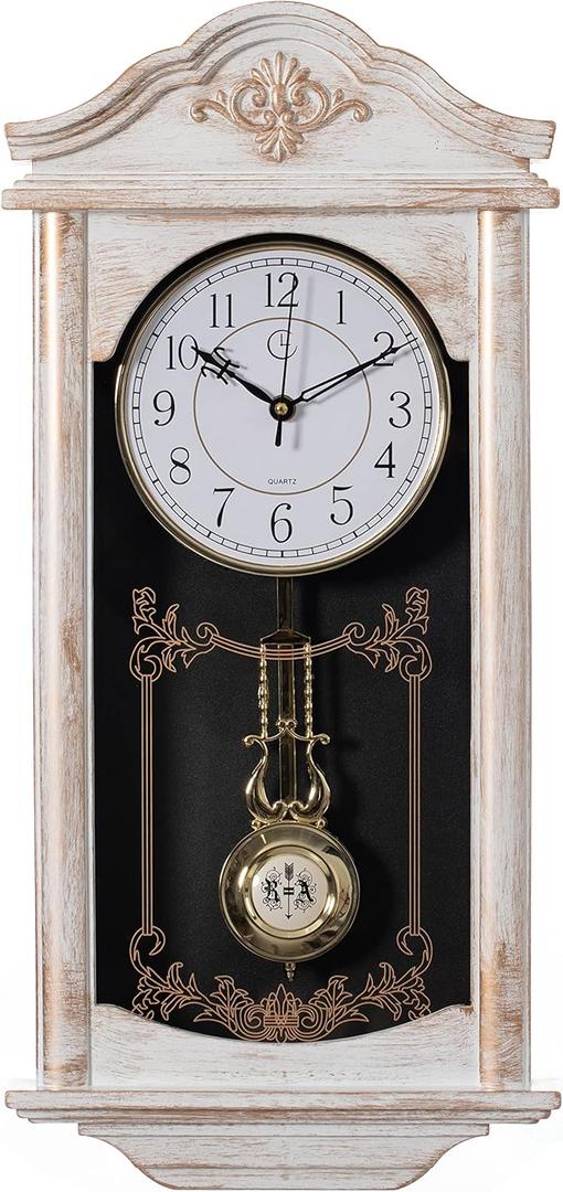 Large Vintage Grandfather Wood- Looking Plastic Pendulum Wall Clock for Living Room, Kitchen, or Dining Room, Large White (23.7 Inch Heigh)