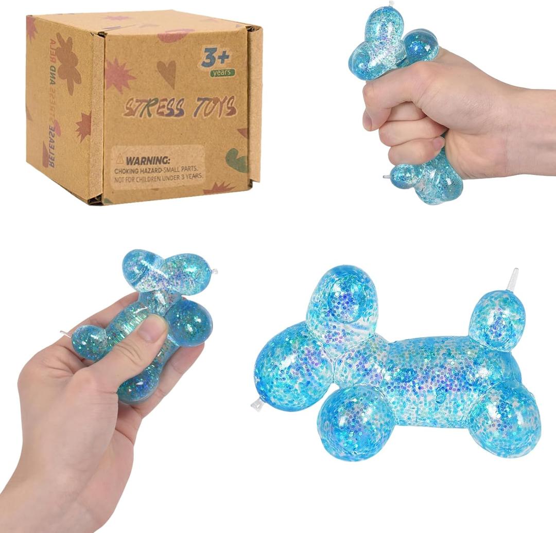 Balloon Dog Squishy Toy, Stretchy Sensory Fidget Toy for Kids and Adults, 1.97in Soft Stress Relief Squeeze Toy, Cute Balloon Animal Desk Toy, Glitter Squishy Gift(Blue)