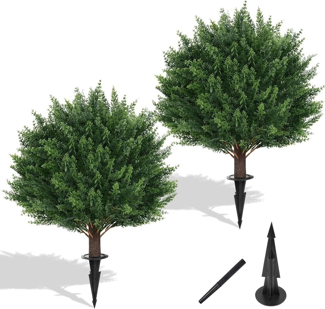 Artificial Set of 2 Cedar Topiary Ball Trees 23" for Outdoors with Ground Spike, UV Resistant Faux Cypress Plants, Evergreen Shrubs Bushes for Front Porch Garden Backyard Decor
