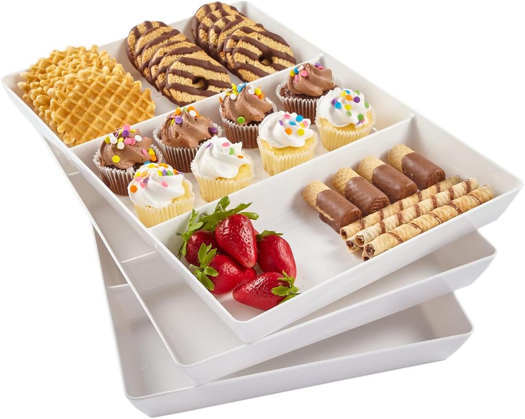 US Acrylic Avant White Plastic Divided Serving Trays (Set of 3) 15 x 10 | Large Reusable 3-Section Party Platters | Serve Appetizers, Fruit, Veggies, & Desserts | BPA-Free & Made in USA