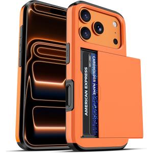 Jiunai for iPhone 17 Pro Case Wallet Card Holder for 2 Cards CC IDs License Hidden Slide Card Slot Pocket Hybrid Protective Phone Case for iPhone 17 Pro 6.3 2025 Women Men - Orange