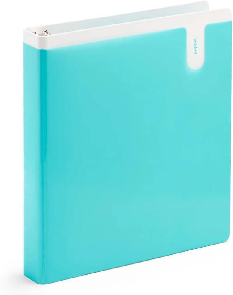 Poppin 1 Inch Binder - 3 Ring Binder with D-Shaped Rings and Easy Open Lever, 200 Sheet Capacity, Front and Back Translucent Pockets, 2 Interior Pockets, Cute Paper Storage (Aqua)