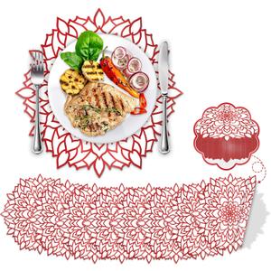 OBUSATT 100PCS Disposable Red Metallic Round Paper Placemats Round Floral Charger Table Mat Table Setting Mat Pressed Paper Round Place Mat for Christmas Wedding Birthday Party Table Decor Supplies