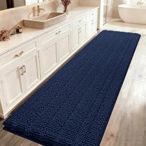 ACCUMTEK Striped Navy Blue Bathroom Rug Mat 48"x20" Ultra Soft, Non Slip Chenille Bath Rugs, Absorbent Plush Shaggy Bath Mats for Bathroom, Bedroom, Kitchen, Shower, Tub