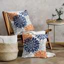 Navy Blue Orange Pillow Covers 18x18 Set of 2 Fall Colored Grey Gray Dahlia Flower Outdoor Decorative Throw Pillows Autumn Themed Farmhouse Pillowcases Linen Cushion Case Decor for Sofa Couch Bed